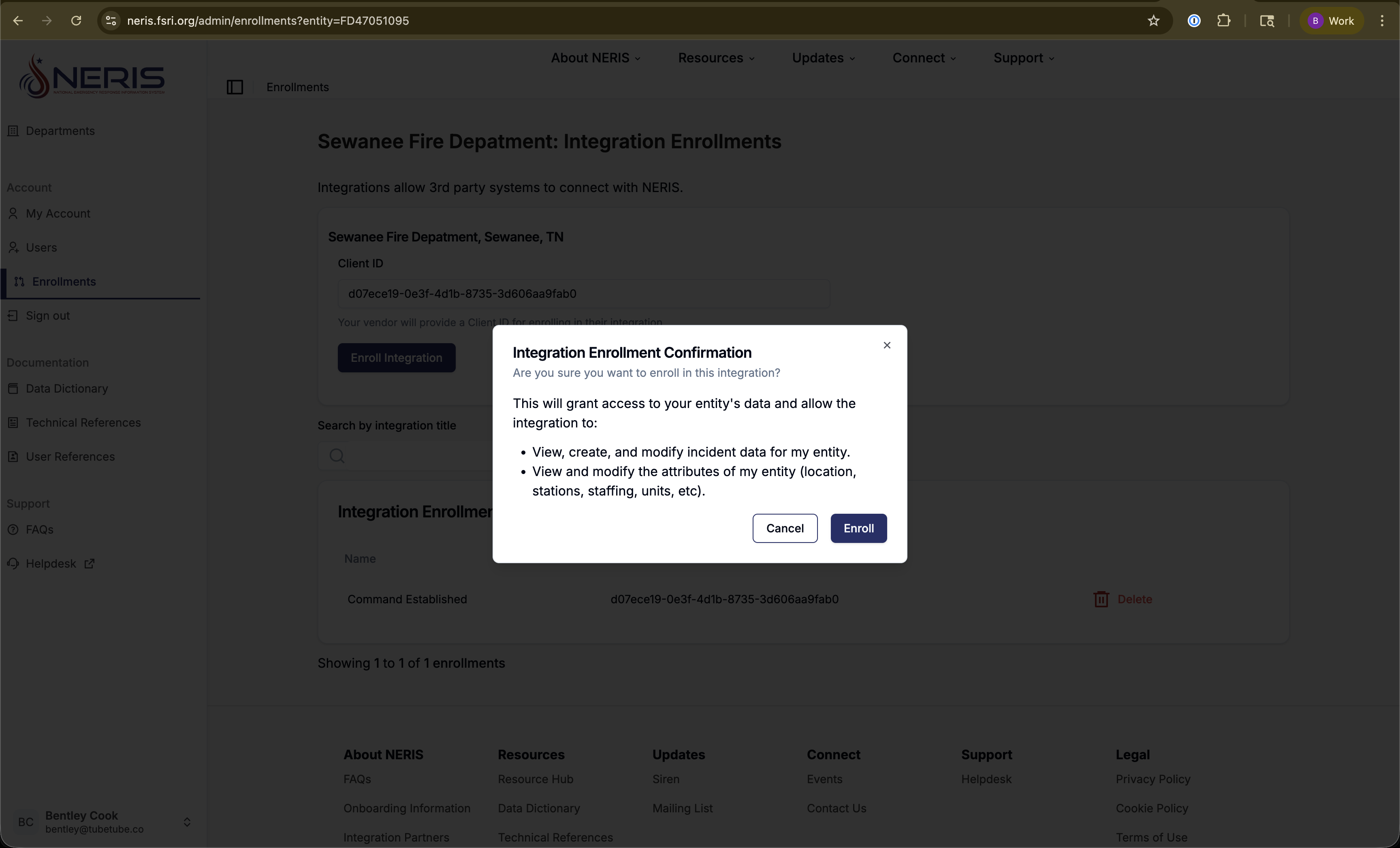 NERIS Integration Enrollments page showing the Client ID input field