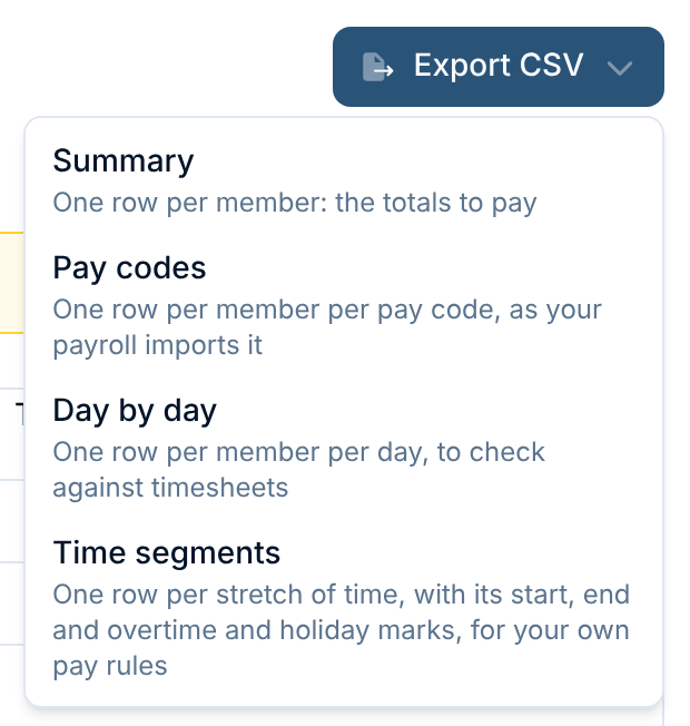 The Export CSV menu: Summary, Pay codes, Day by day and Time segments