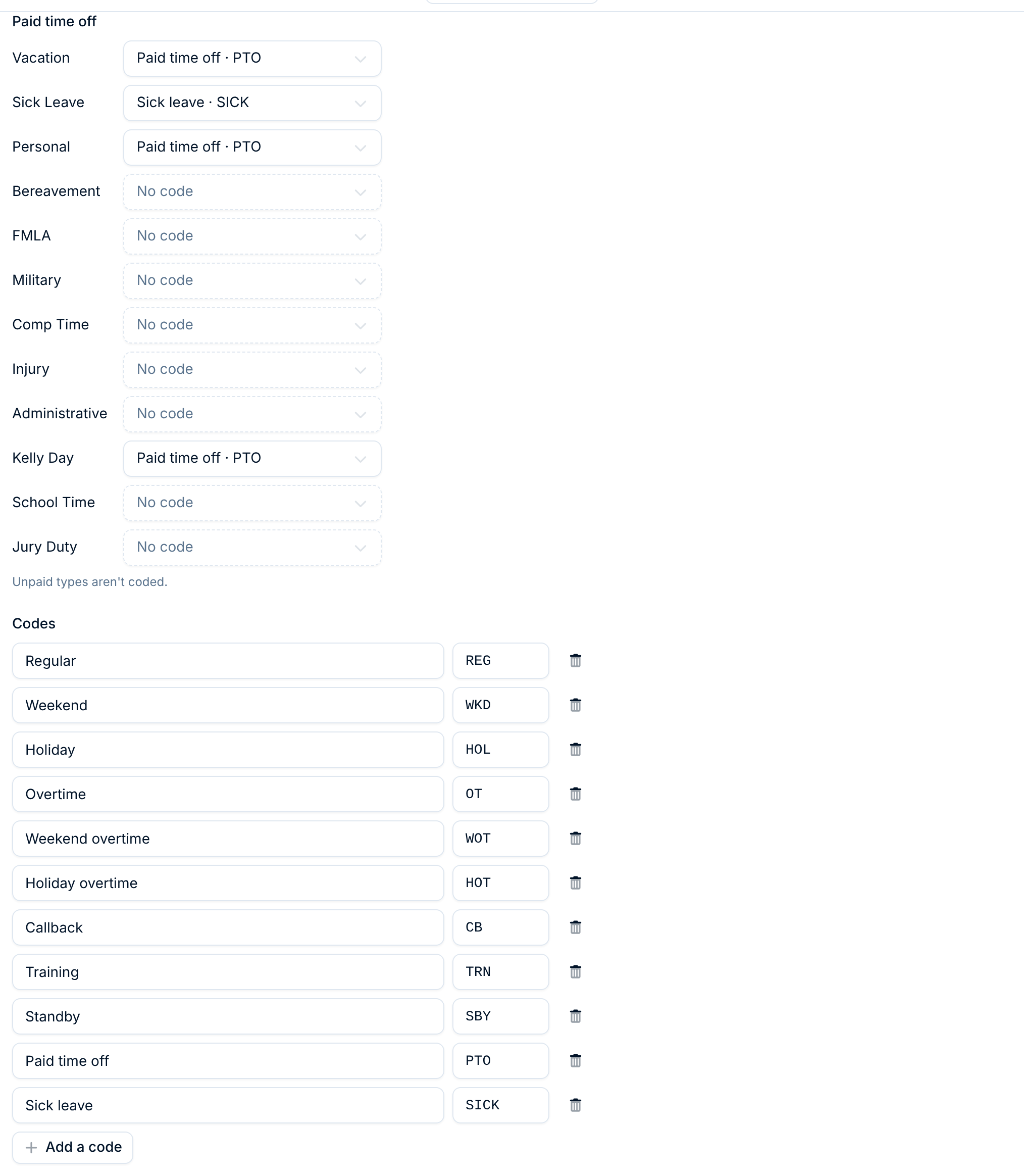 Paid time off with a code for each type, and the list of codes, each with a name and an export code