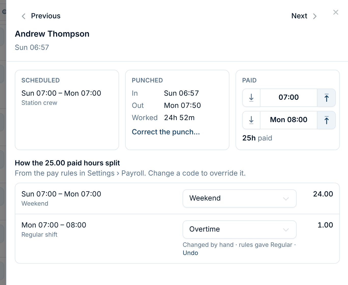 One entry in full: the scheduled shift, the punched times, the paid times with rounding arrows, and how the 25 paid hours split. 24 hours are Weekend, and the hour after the shift is Overtime, changed by hand from Regular, with an Undo link.