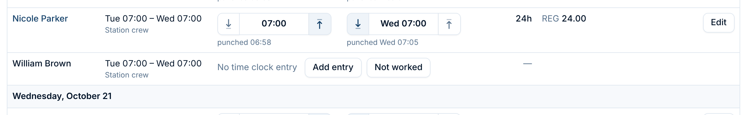 William Brown's shift with no time clock entry, and two buttons: Add entry and Not worked