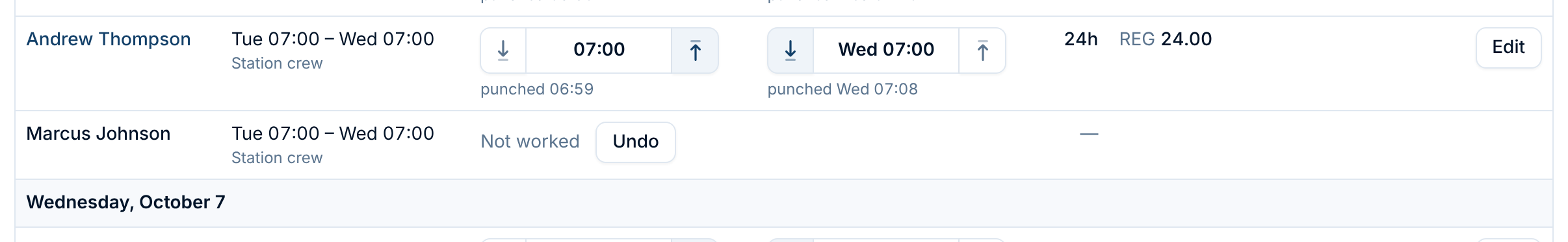 A shift marked Not worked, with an Undo button