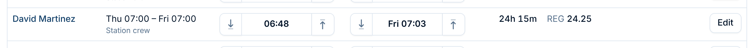 An entry punched 06:48 to Fri 07:03, not rounded, and paid 24h 15m