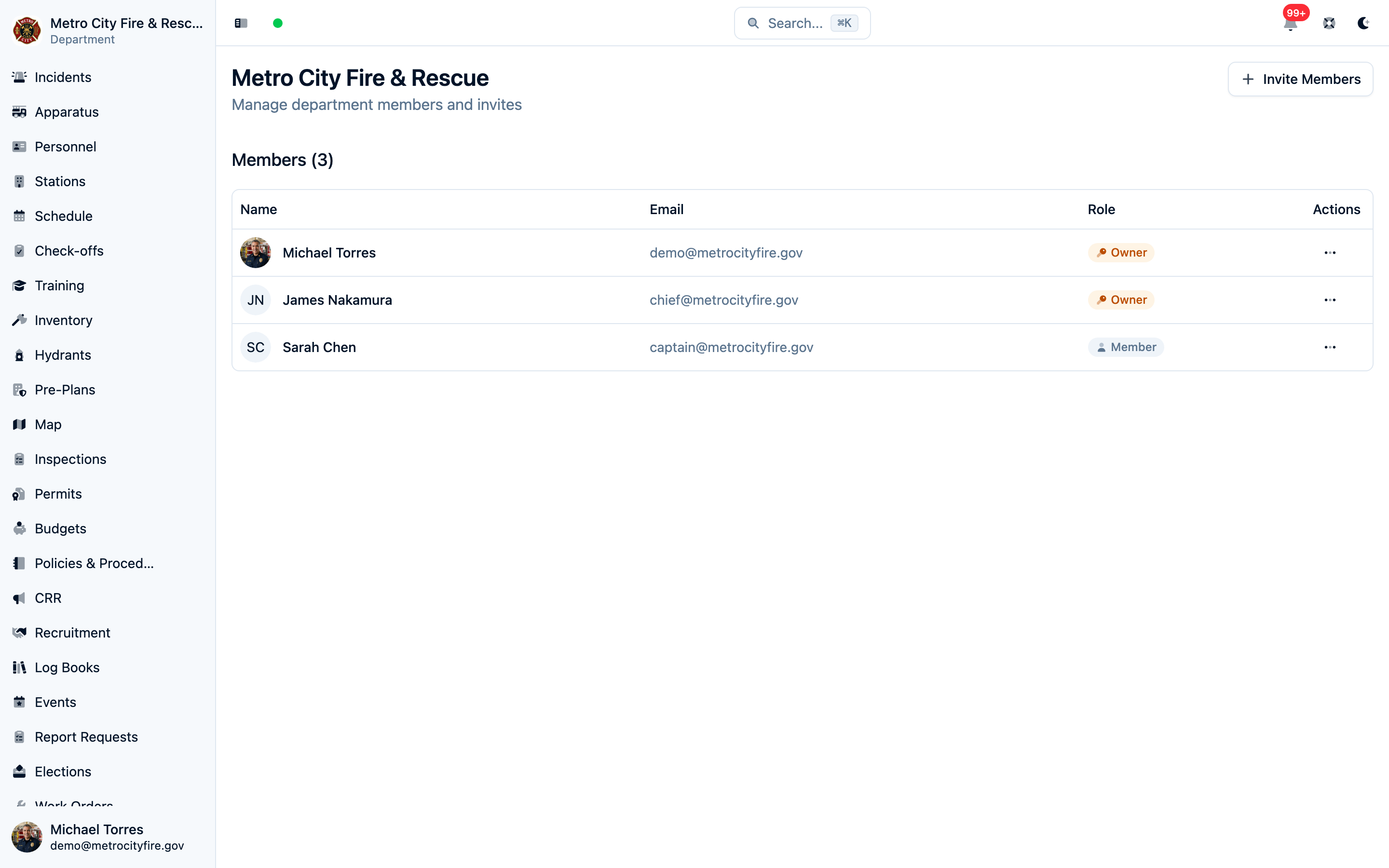 The members page showing each member's role — Owner or Member — with an actions menu for changing roles and editing permissions