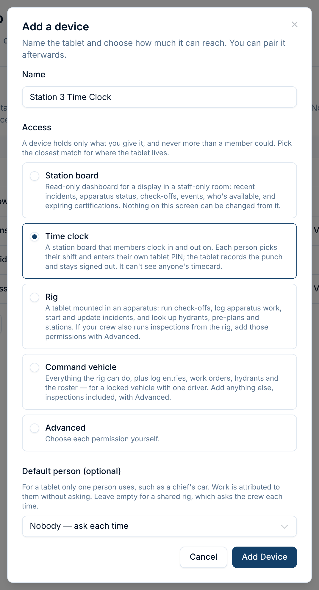 Adding a device named Station 3 Time Clock with the Time clock access option chosen. Its description says members pick their shift and enter their own tablet PIN, and the tablet can't see anyone's timecard.