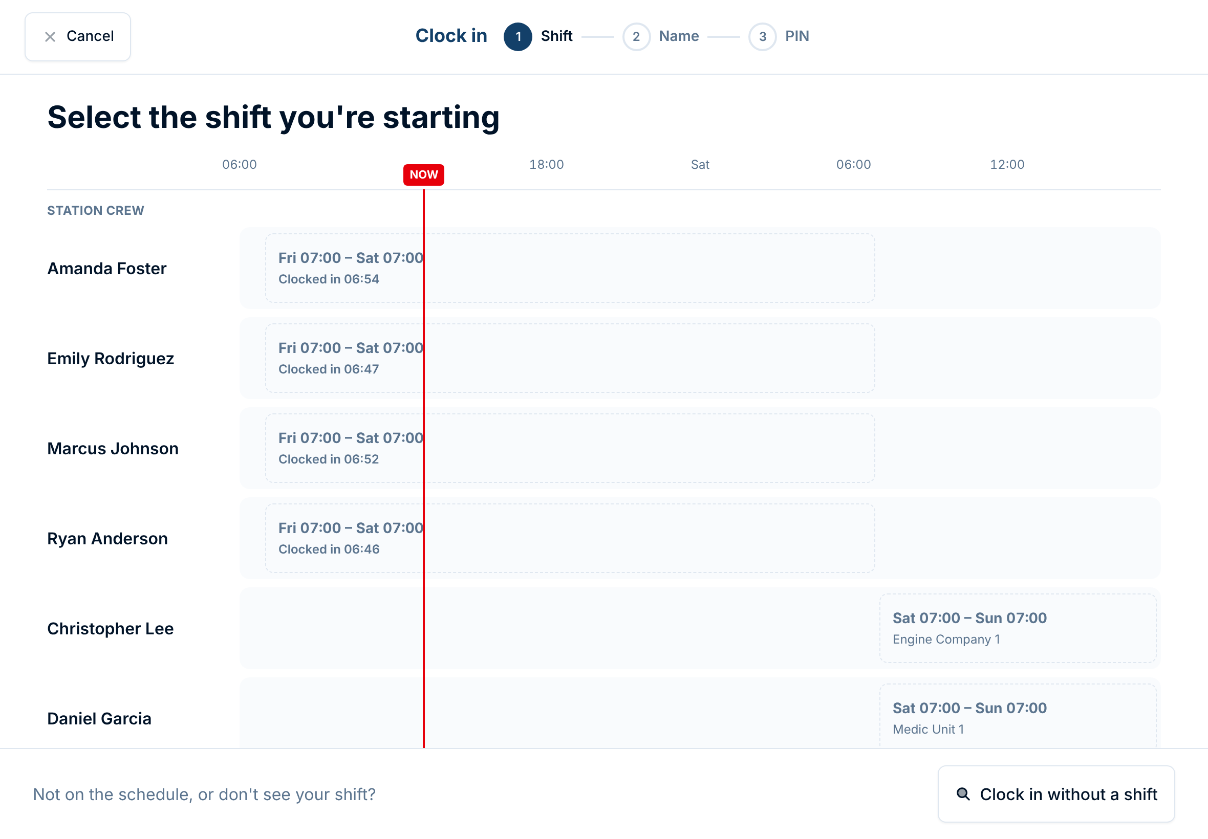 Select the shift you're starting: a timeline of this station's shifts, each listing the members on it. Members already clocked in show the time they did.