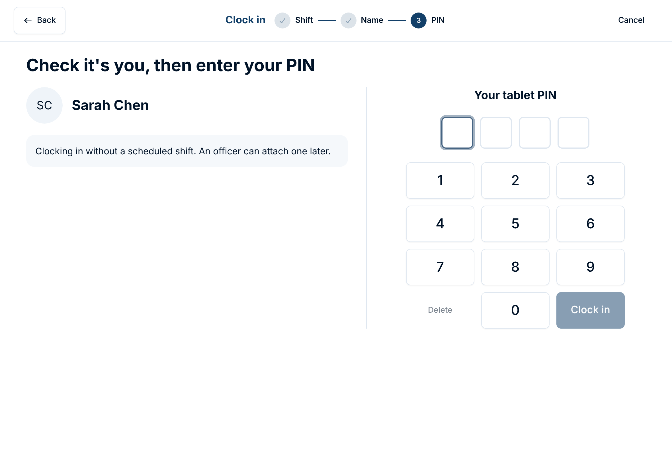 Check it's you, then enter your PIN: the member's name on the left, a number pad on the right