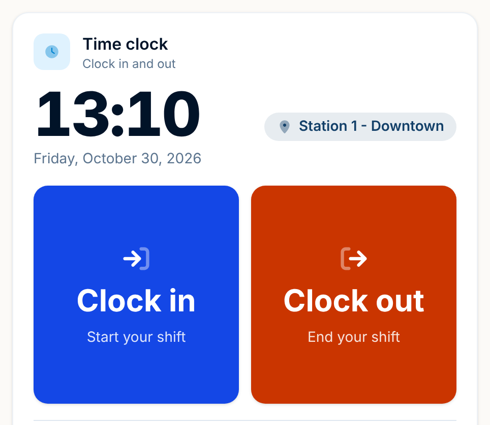 The time clock on the tablet: the time, the station, two large buttons for Clock in and Clock out, and who's clocked in now