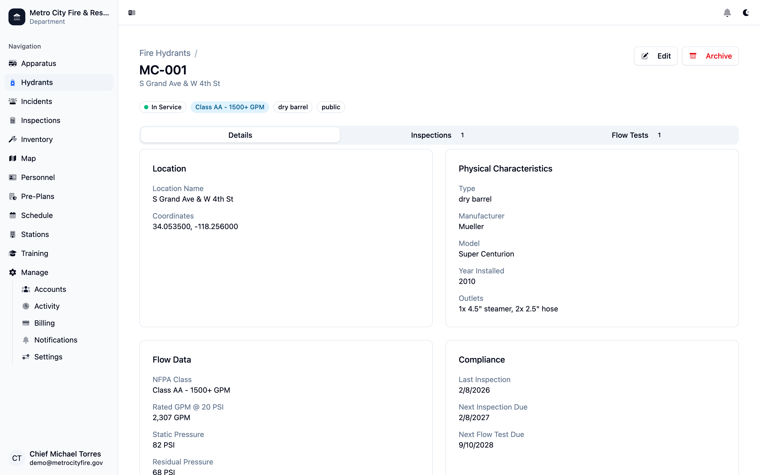 Command Established hydrant detail view showing flow test data and NFPA classification