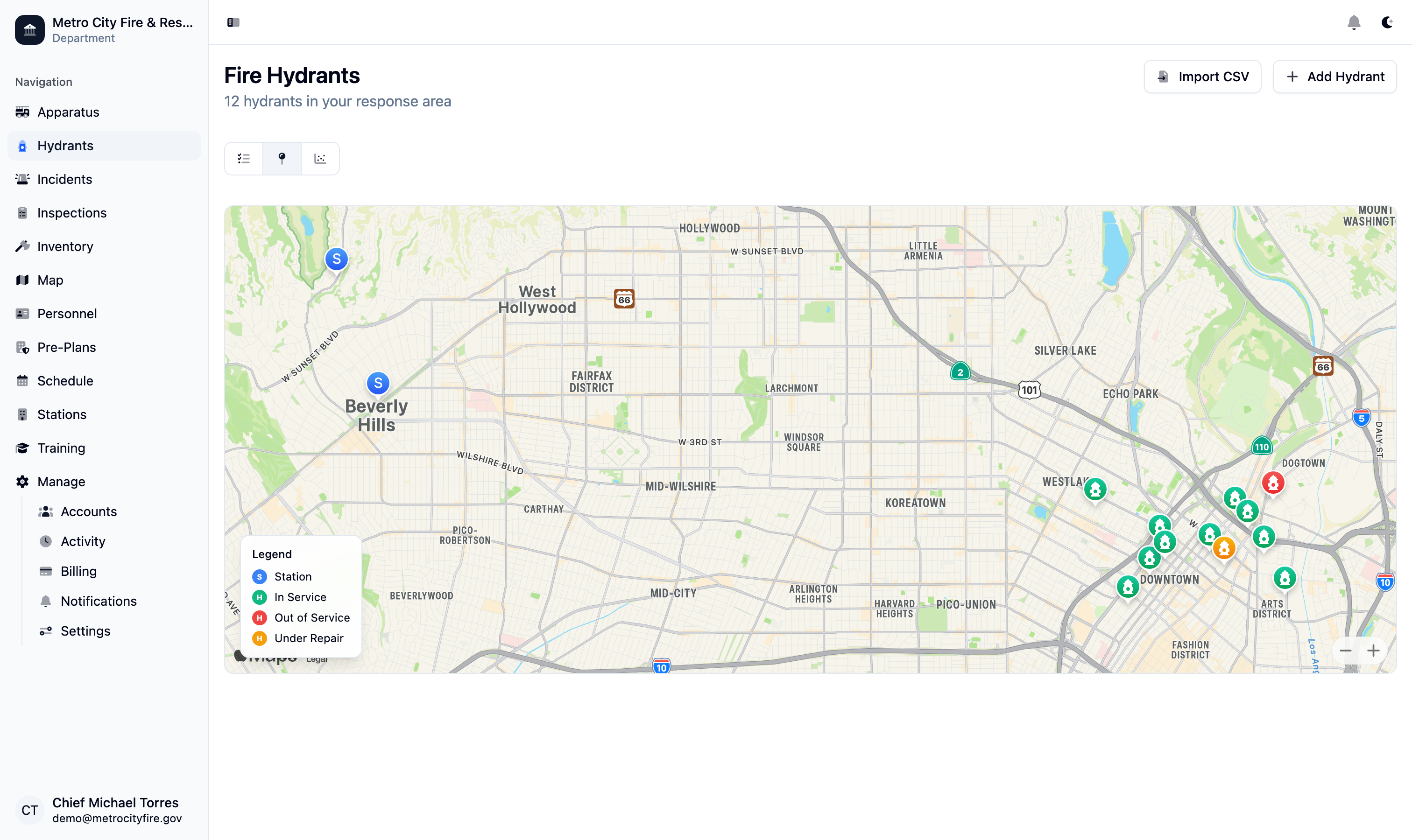 Command Established hydrant map showing GPS locations of all hydrants in service area