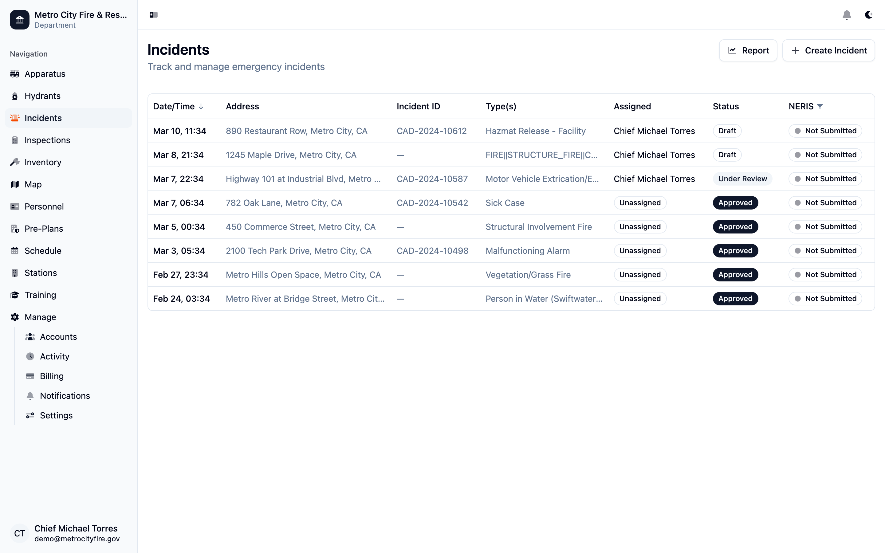 Command Established incidents list showing comprehensive incident tracking