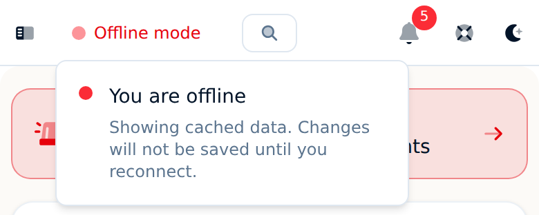 Close-up of the Command Established offline mode banner indicating cached data is being displayed
