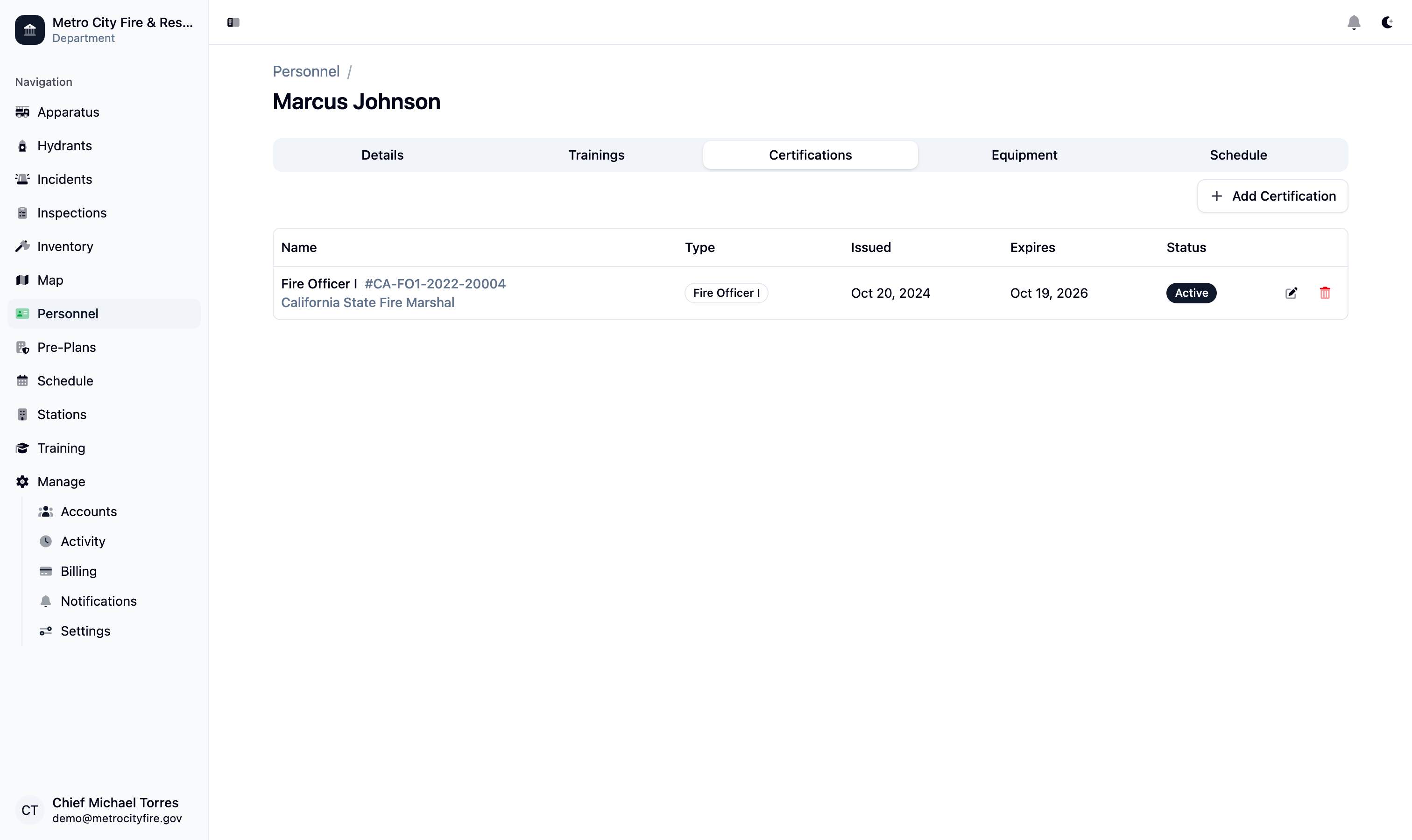 Command Established personnel certifications view showing NFPA-aligned certification tracking