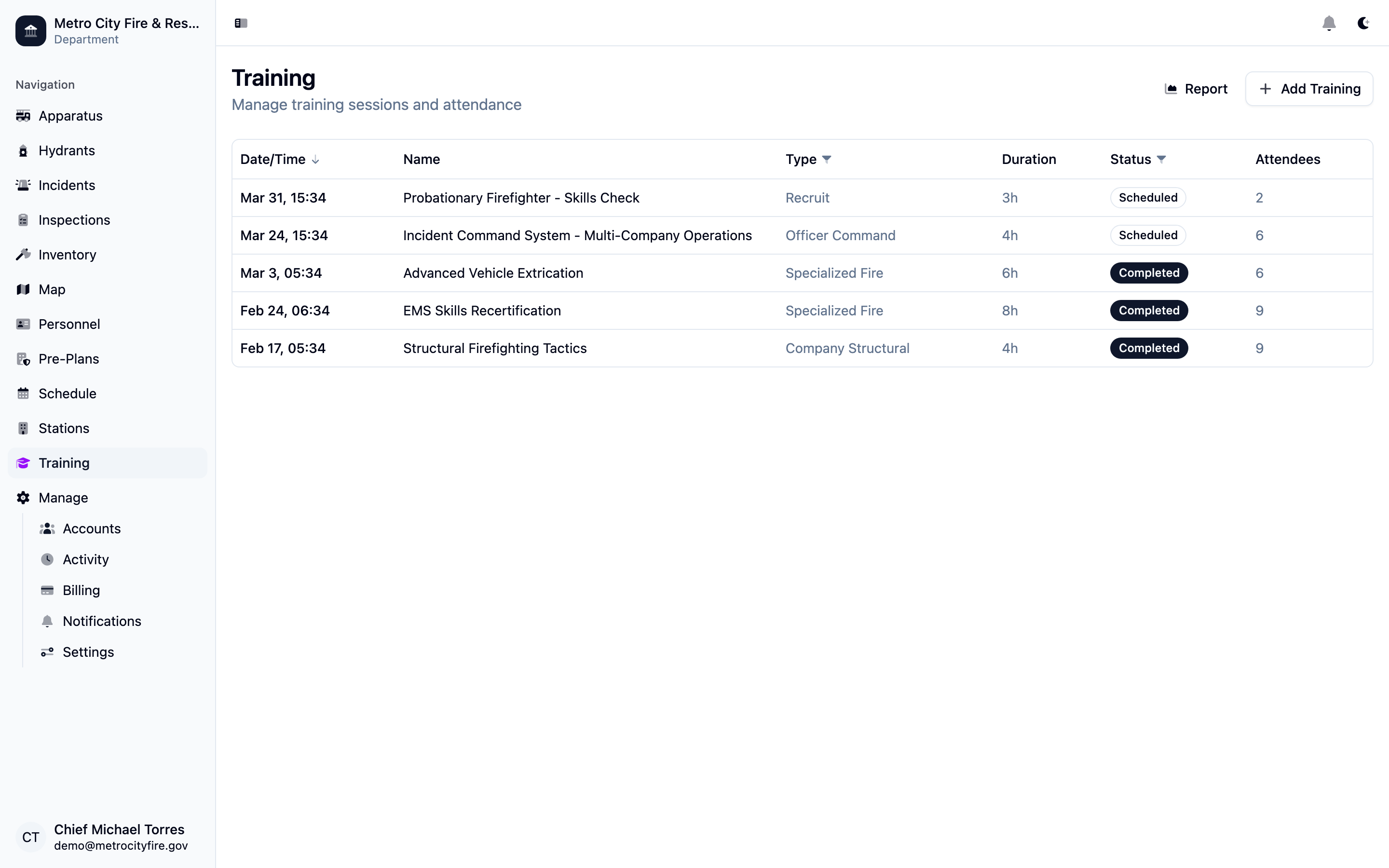 Command Established training list showing training sessions with hours tracking