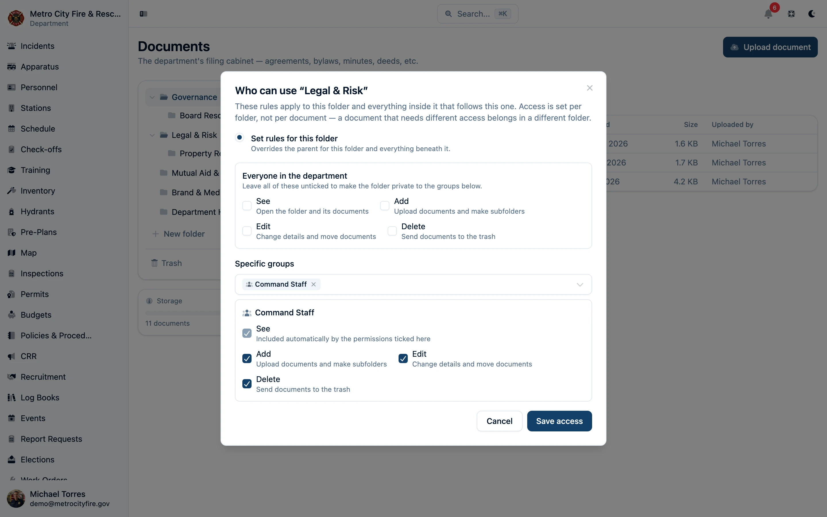 Command Established folder access controls granting the Command Staff group access to Legal and Risk records