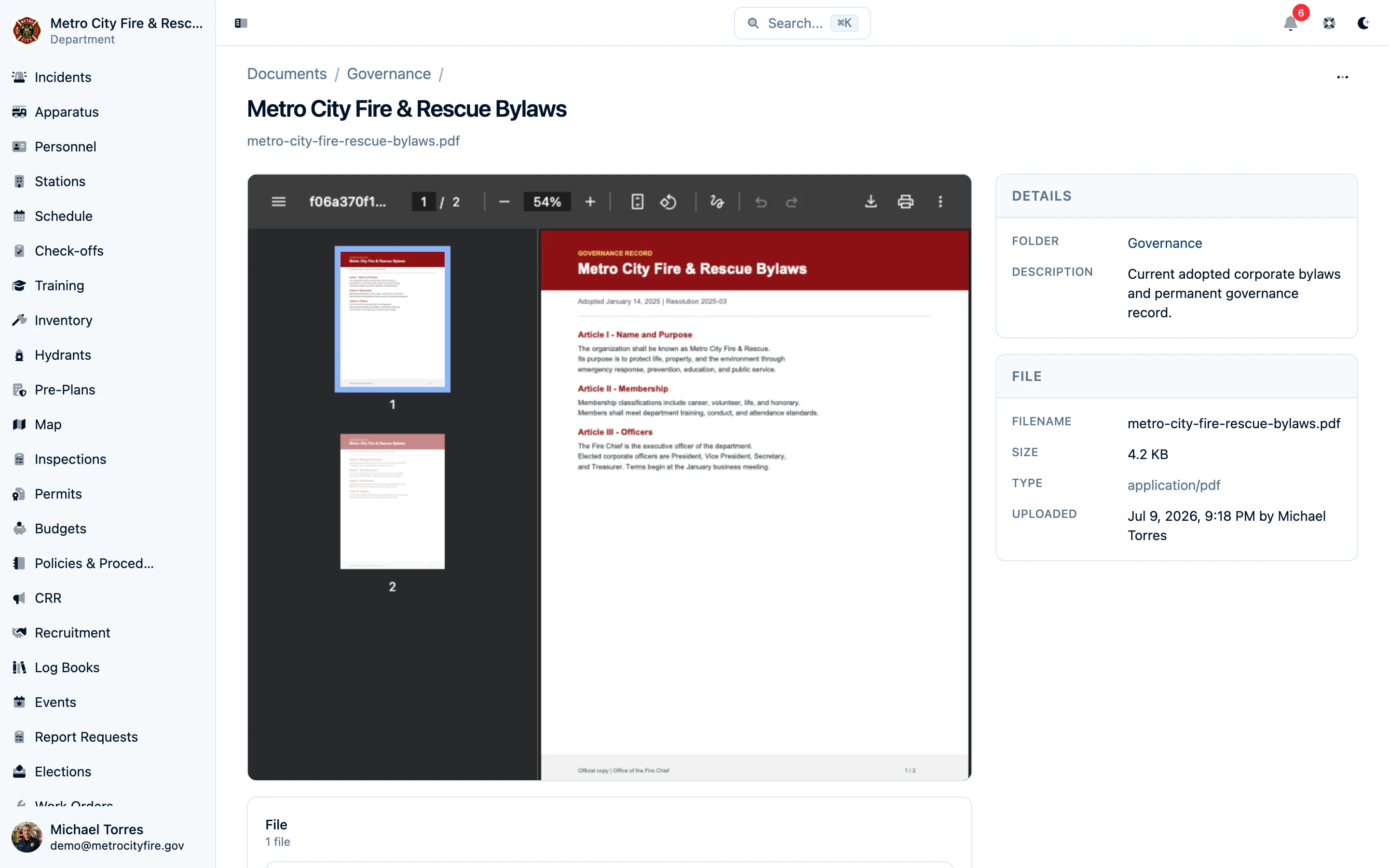 Metro City Fire & Rescue bylaws open in the Documents PDF preview beside file metadata