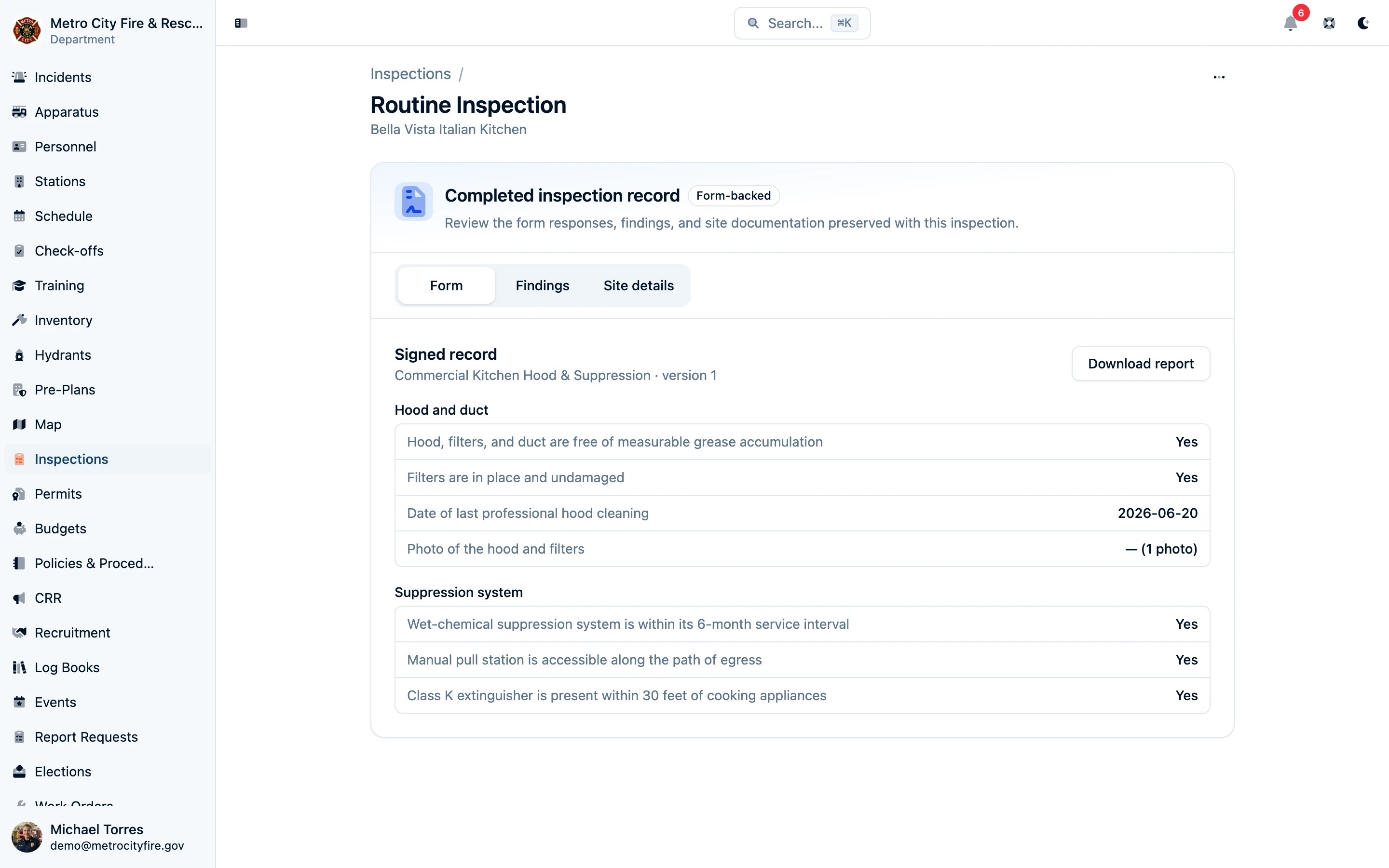Completed inspection with signed record of answers and evidence