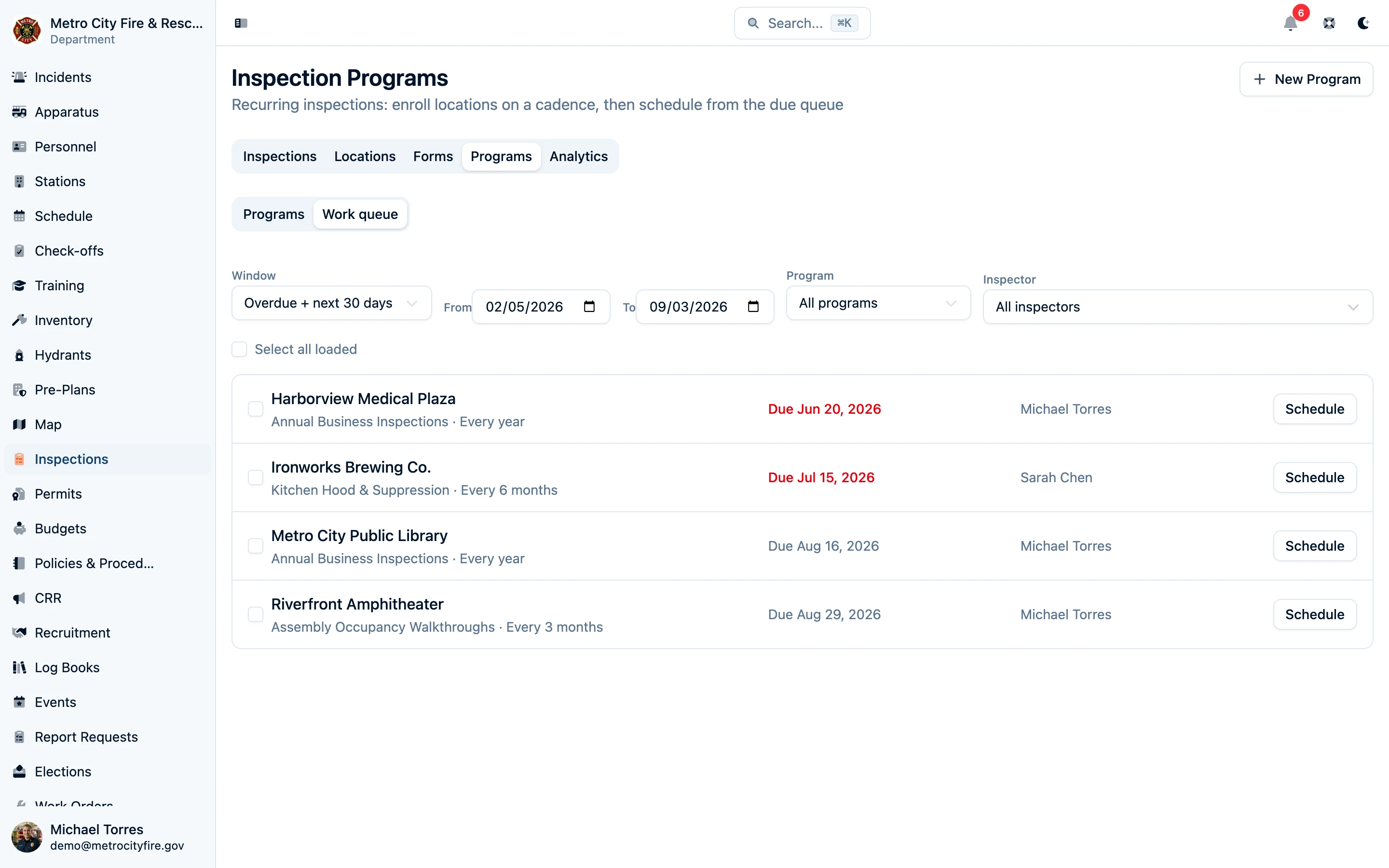 Inspection program work queue with overdue and upcoming visits
