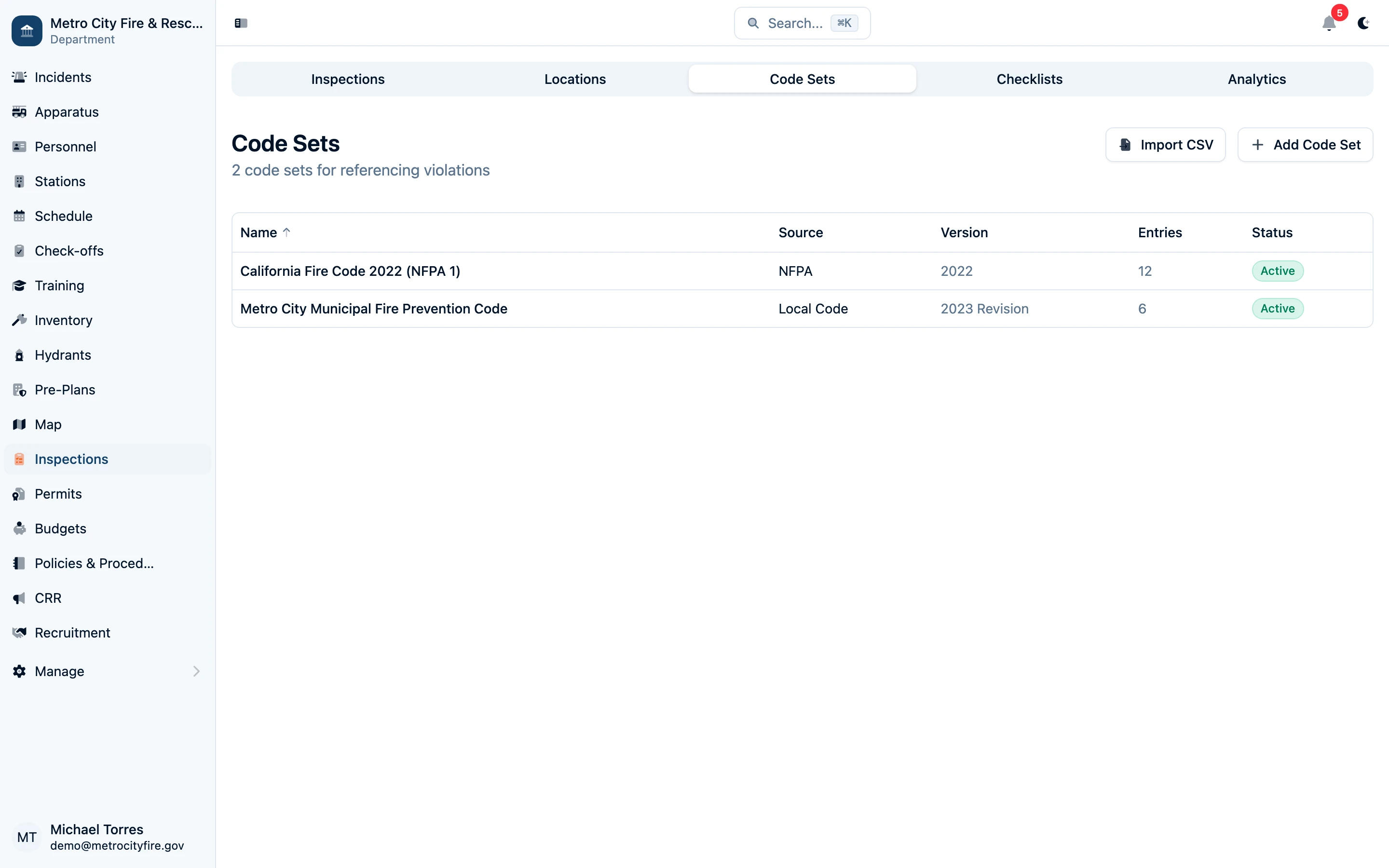 Inspection code sets
