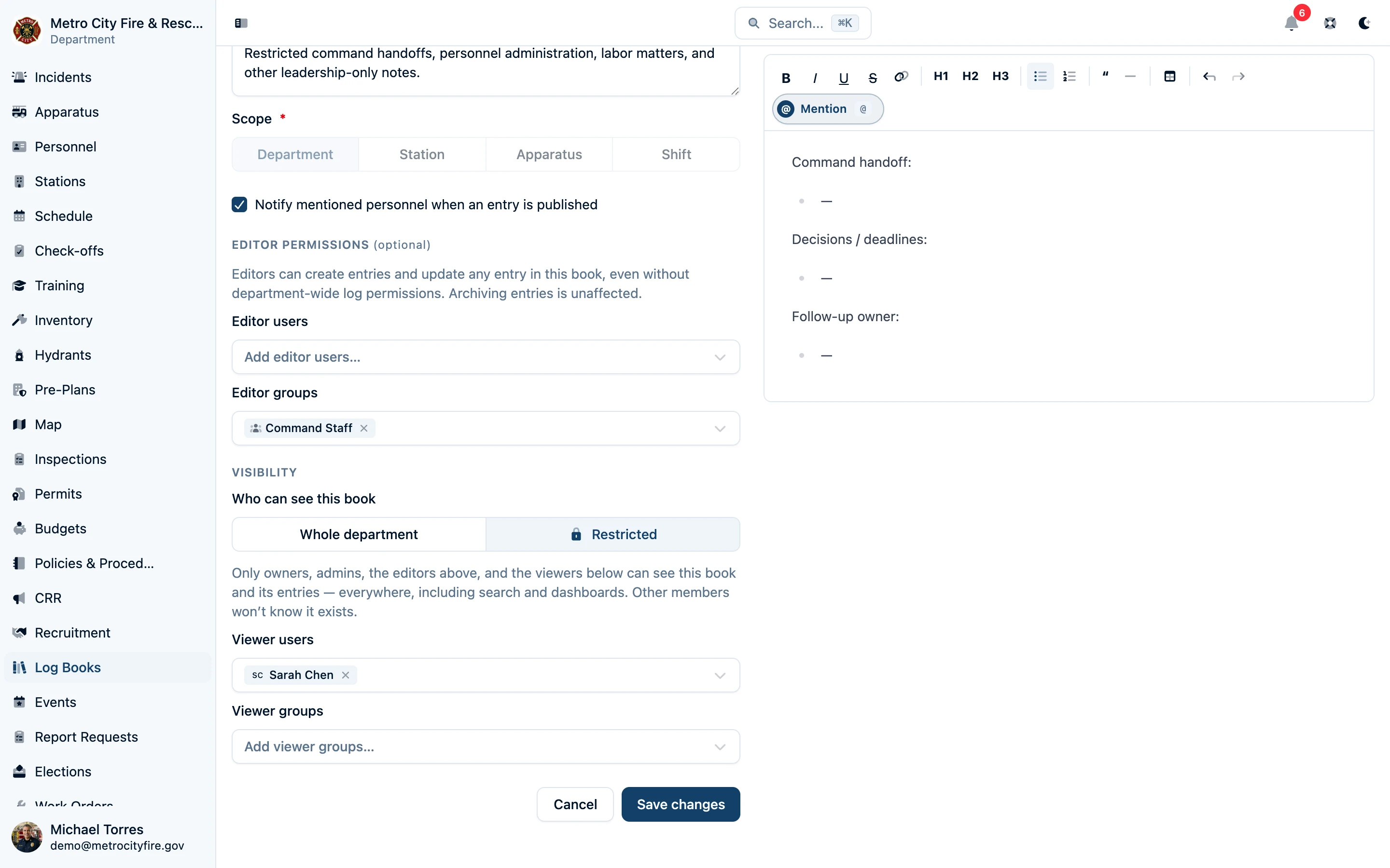 Restricted log book settings with a Command Staff editor group and a specifically named viewer
