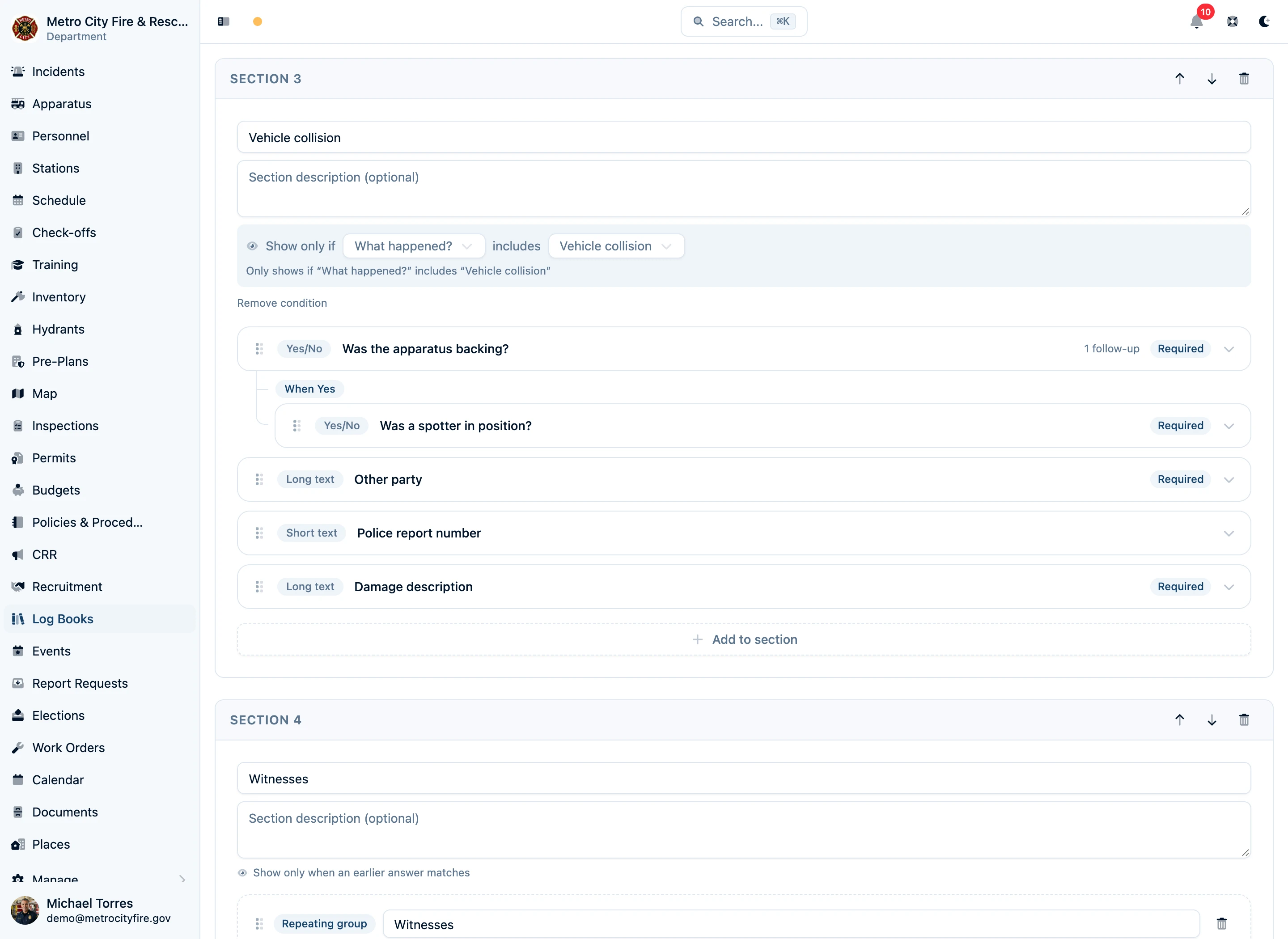 Accident and injury report form builder showing sections and conditional questions
