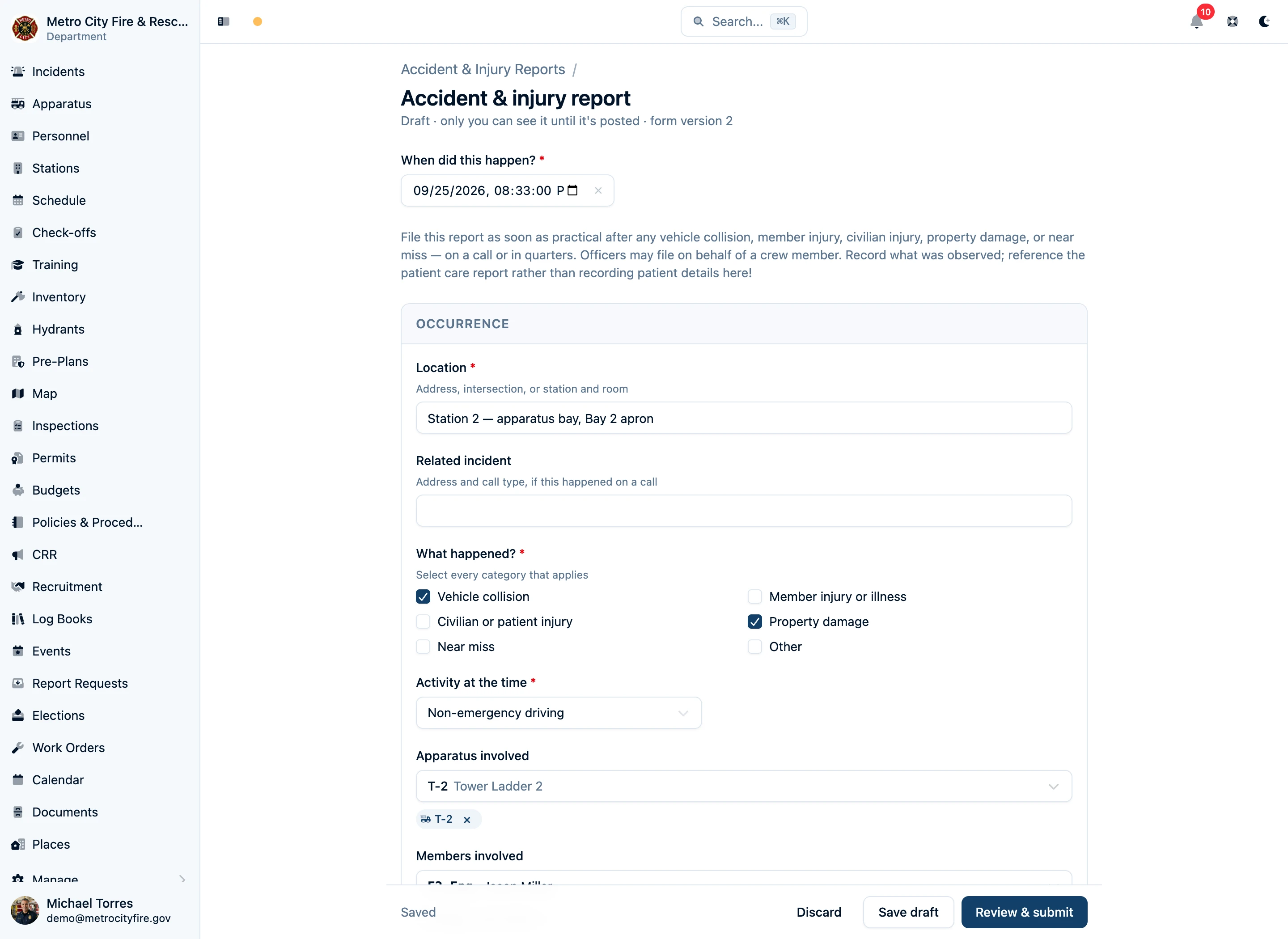 Filling in a structured accident report with questions for the event being reported