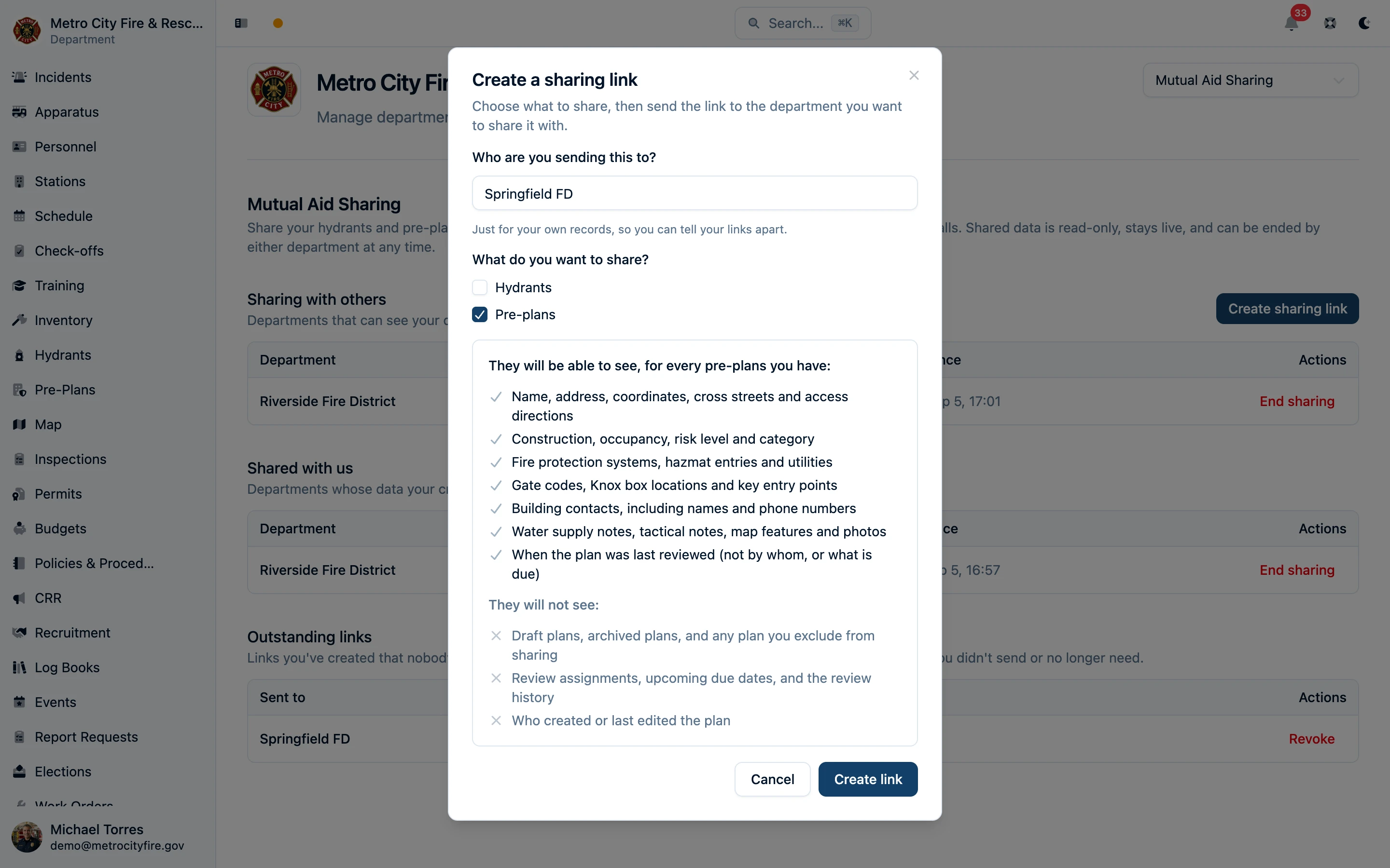 Create a sharing link dialog showing the full disclosure of what a partner will and will not see