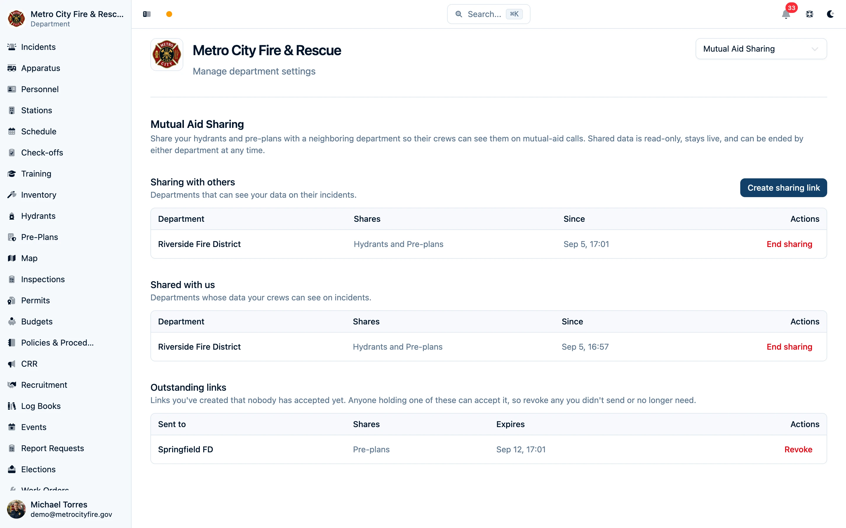 Mutual Aid Sharing settings page listing outgoing shares, incoming shares, and outstanding links
