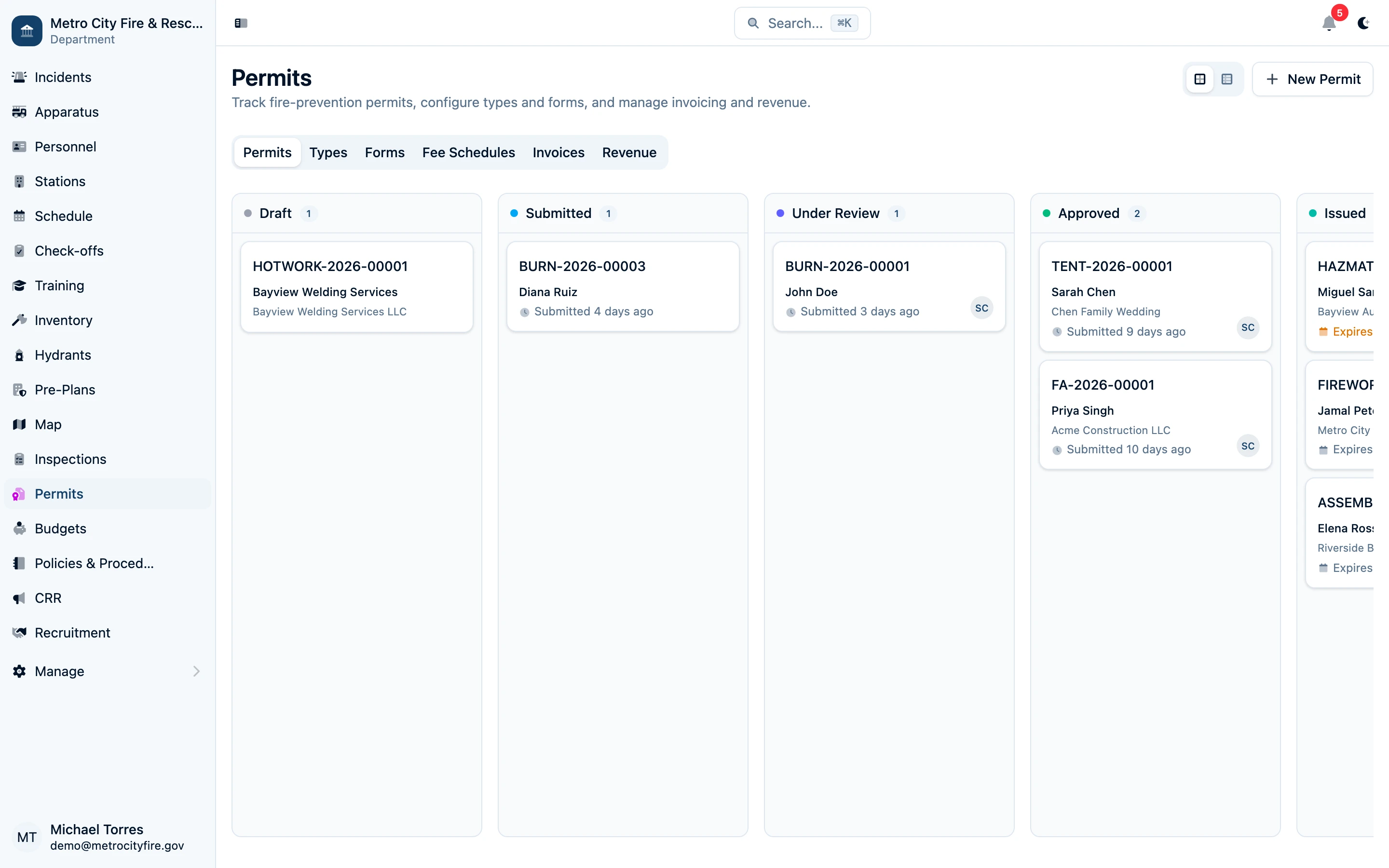Permits hub with Kanban board view