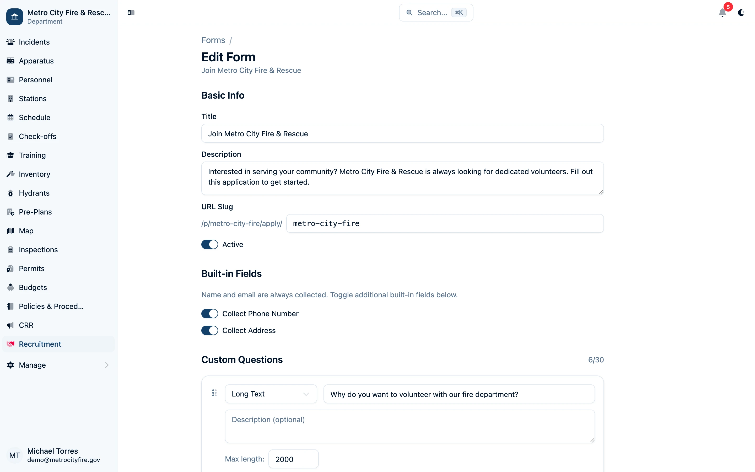 Recruitment form detail with QR code