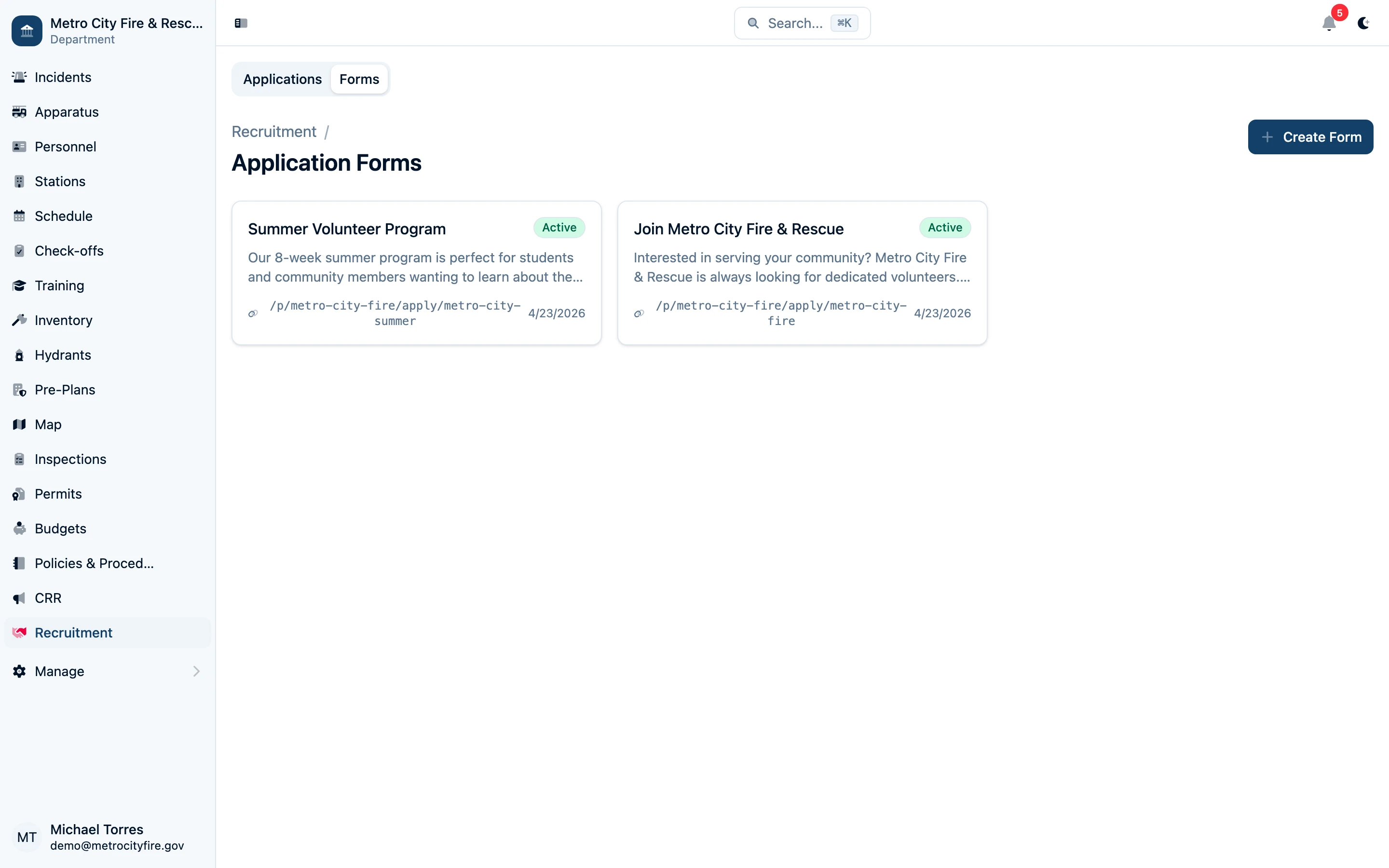 Recruitment application forms
