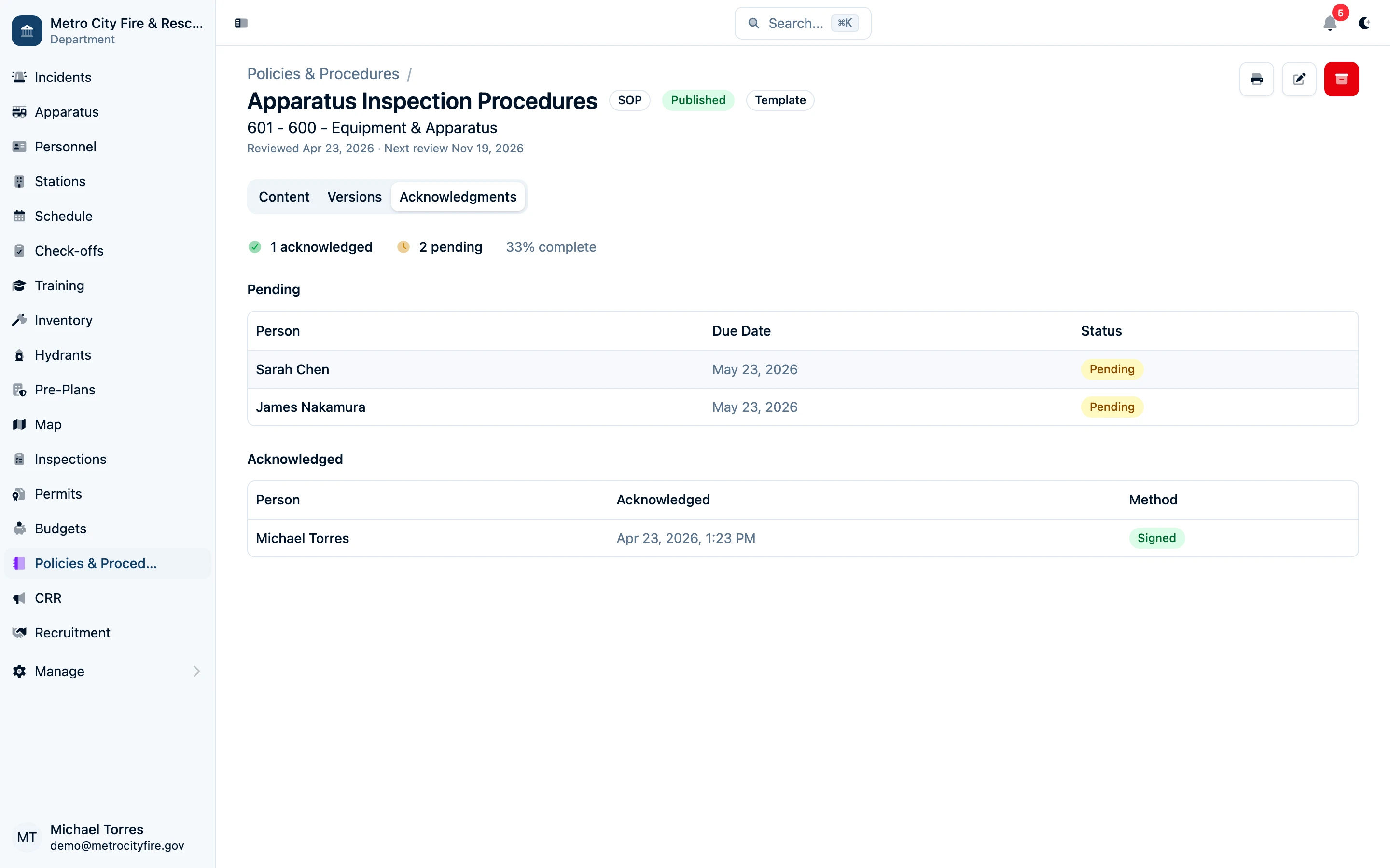 Signed SOP acknowledgments audit trail
