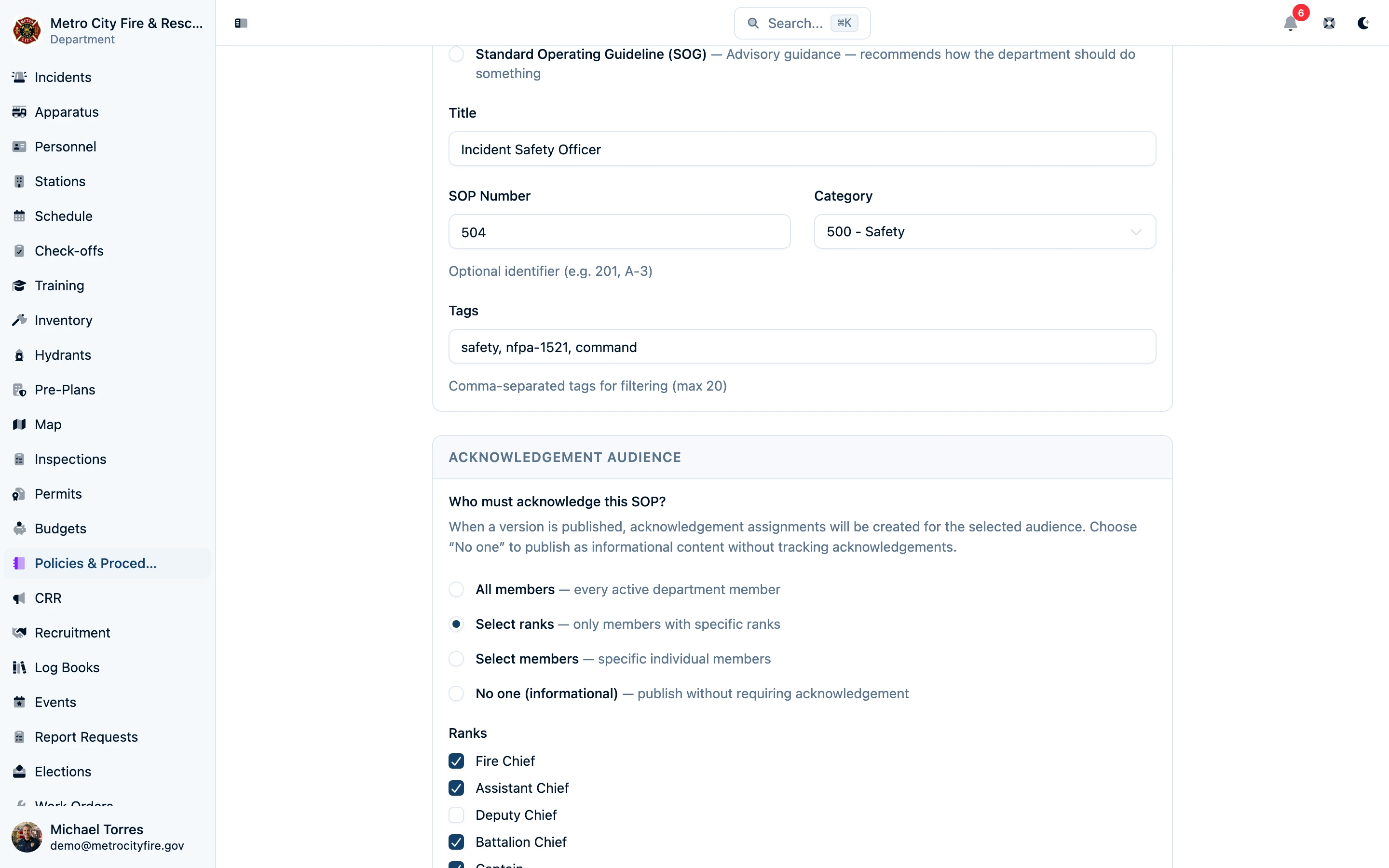 SOP audience settings targeting acknowledgment by rank