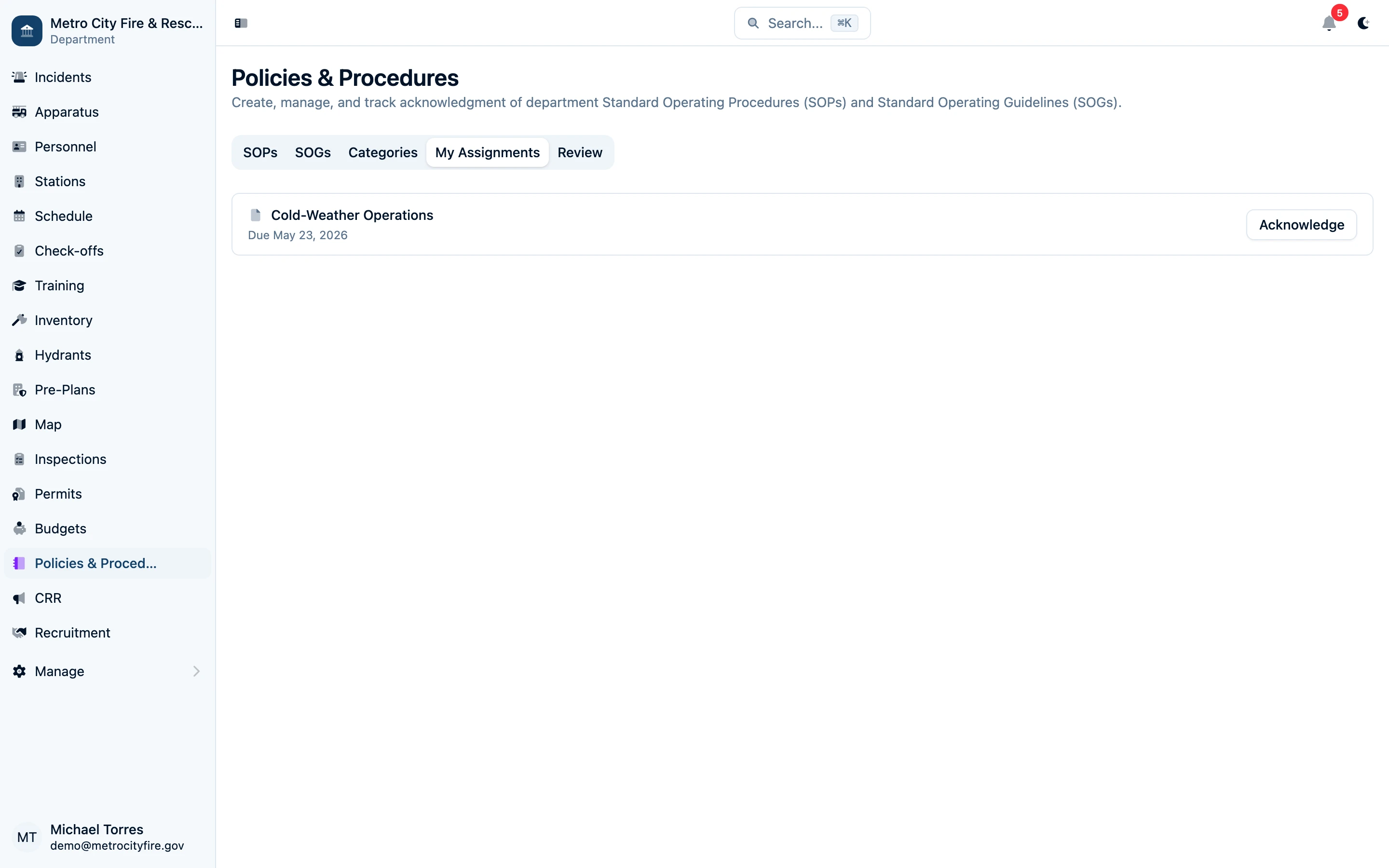 Personal assignment dashboard for SOPs and SOGs