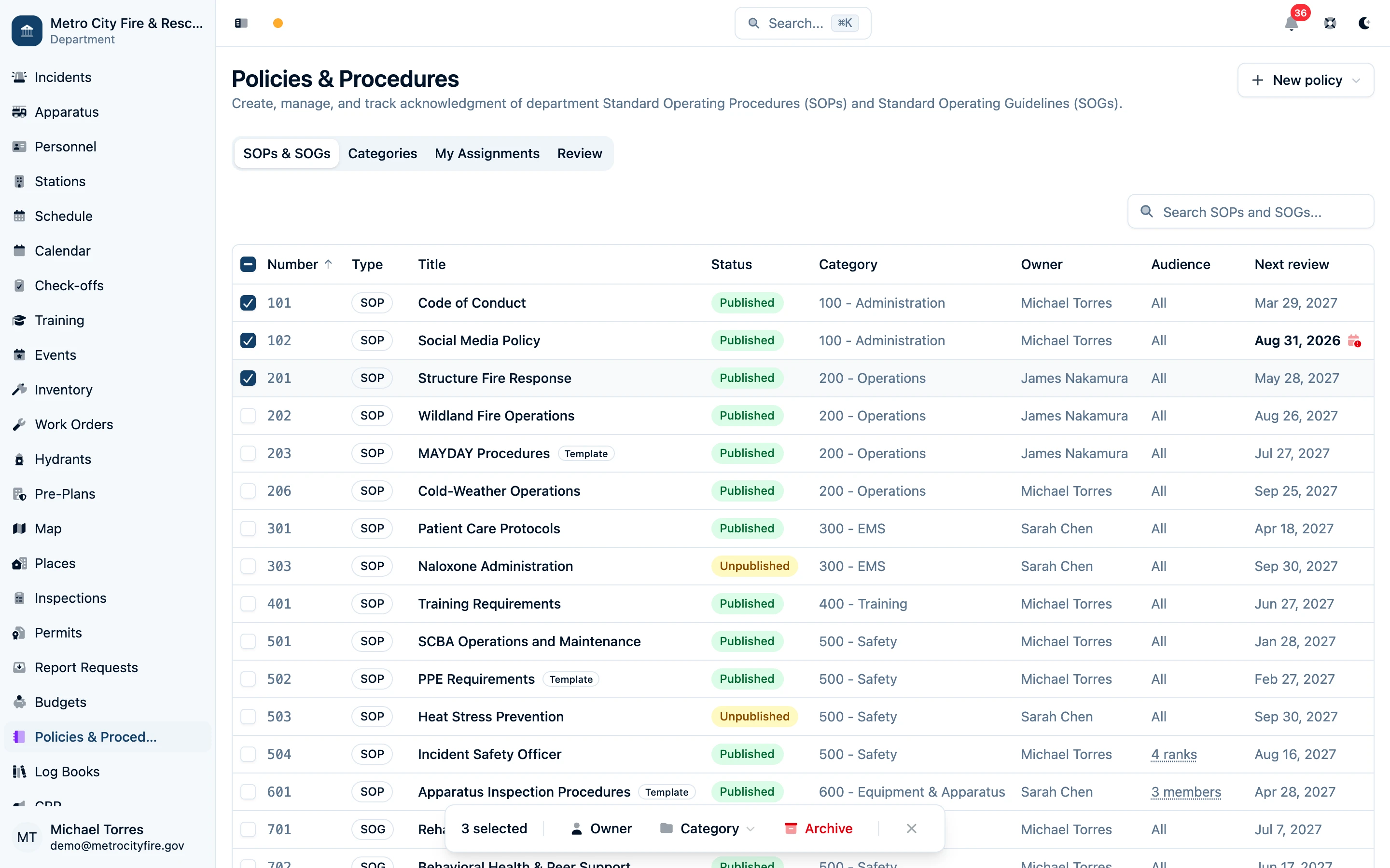Selected policies with bulk Owner, Category, and Archive actions