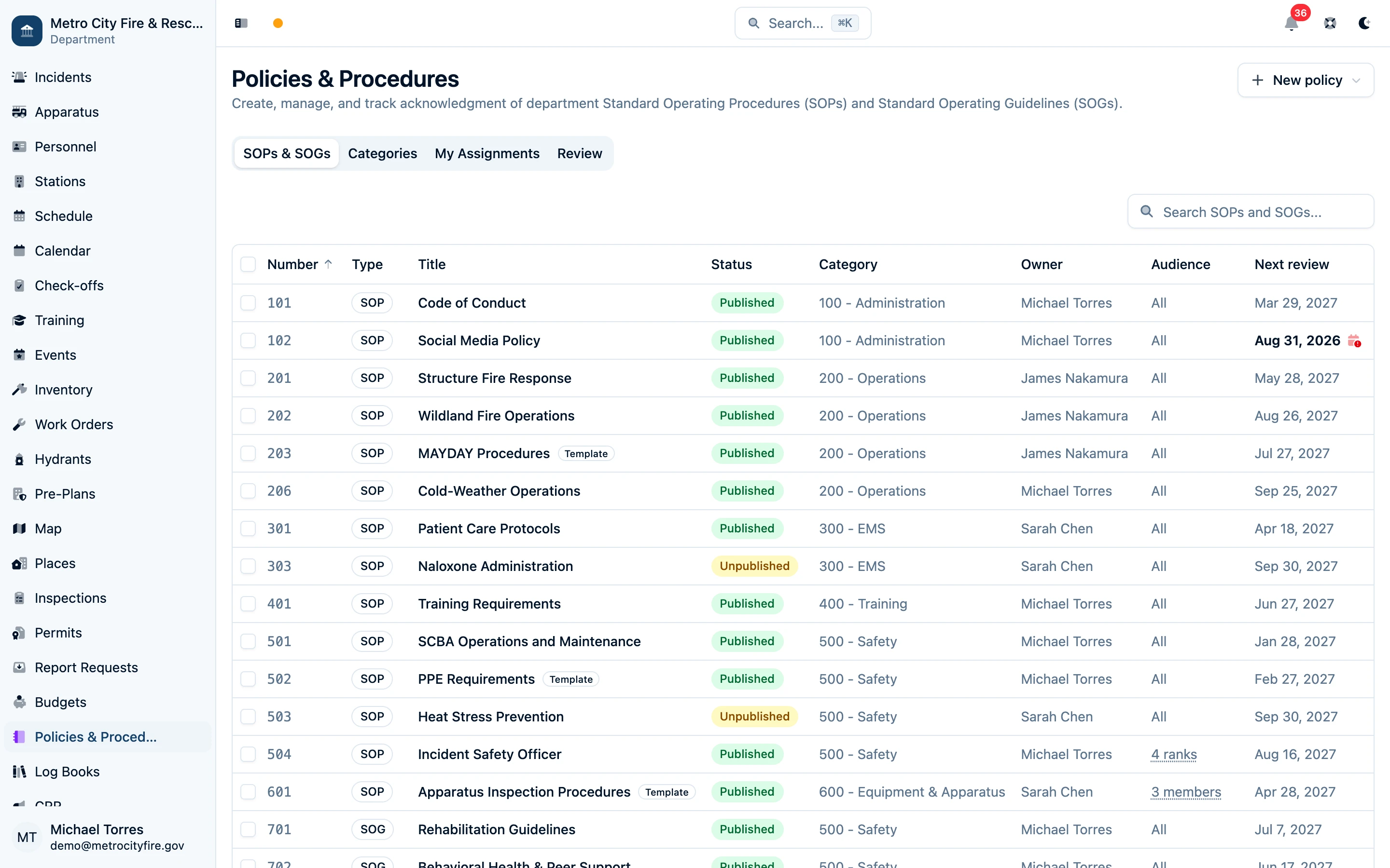 Policies and Procedures library with filters, categories, and row selection