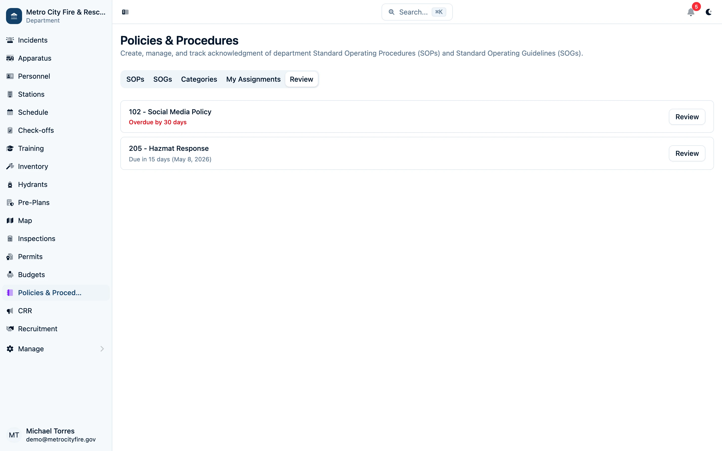 SOP review dashboard for officers