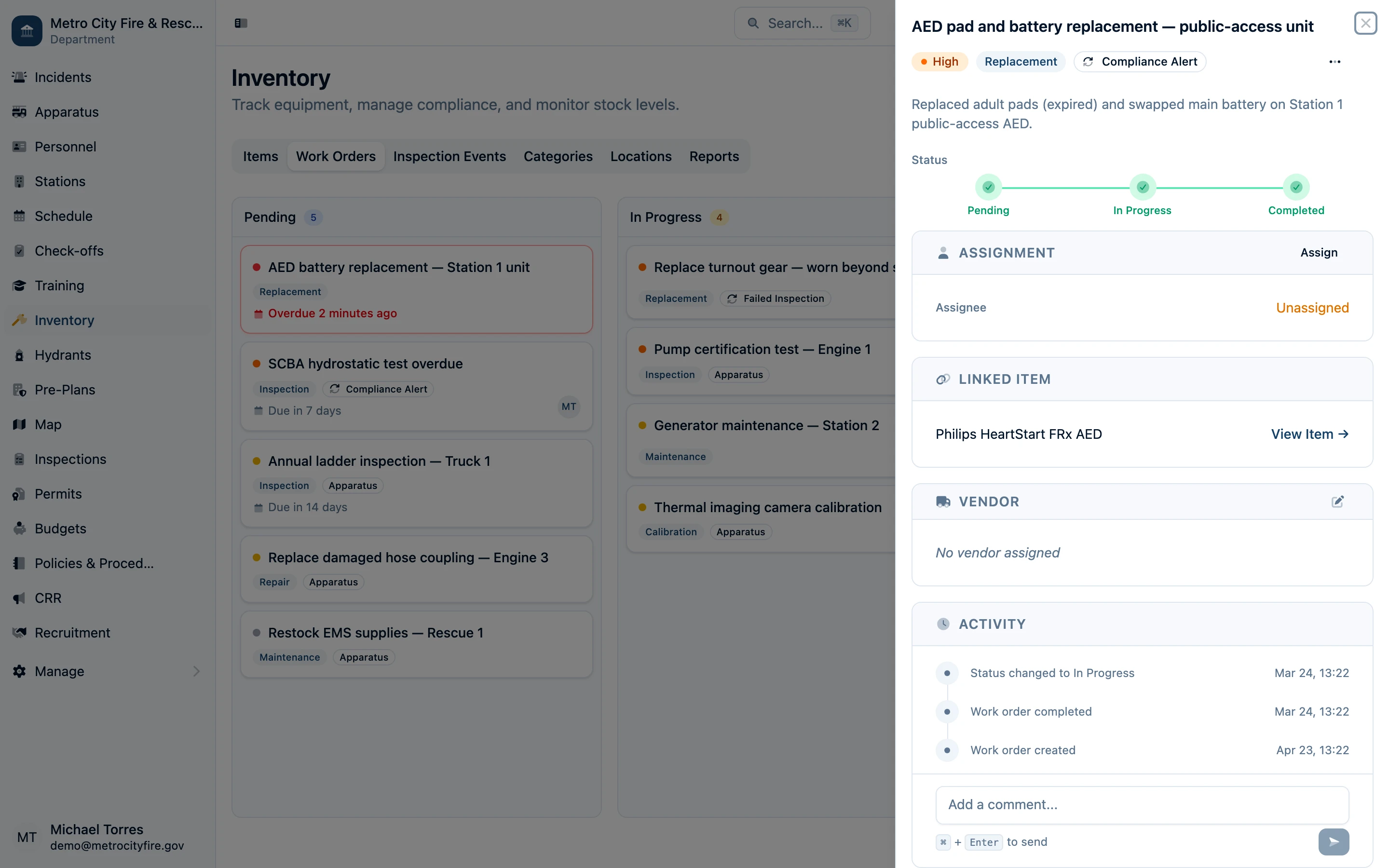 Work order detail view with description, comments, and cost tracking