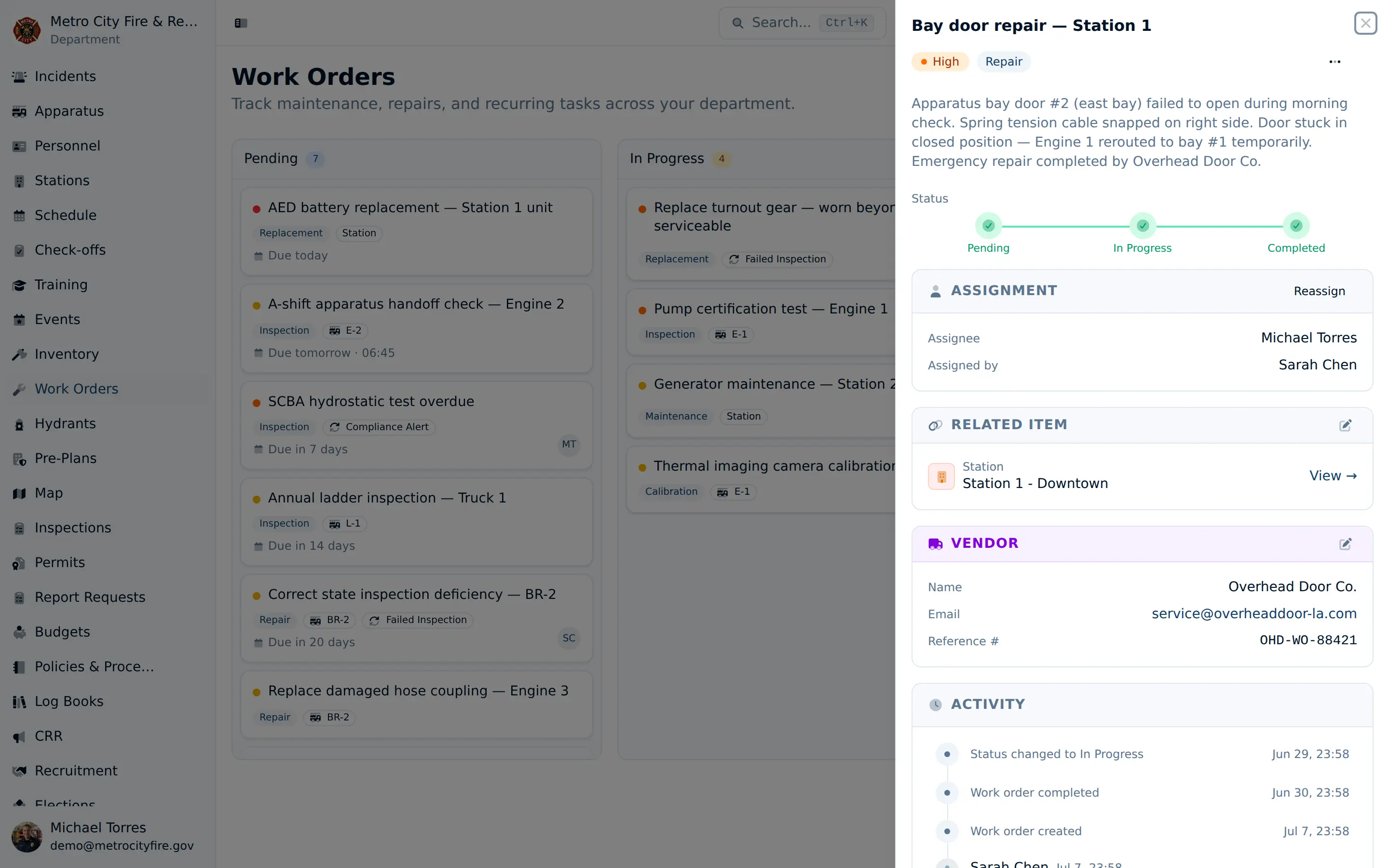 Work order detail view with status workflow, linked asset, vendor and cost tracking, comments, and activity feed