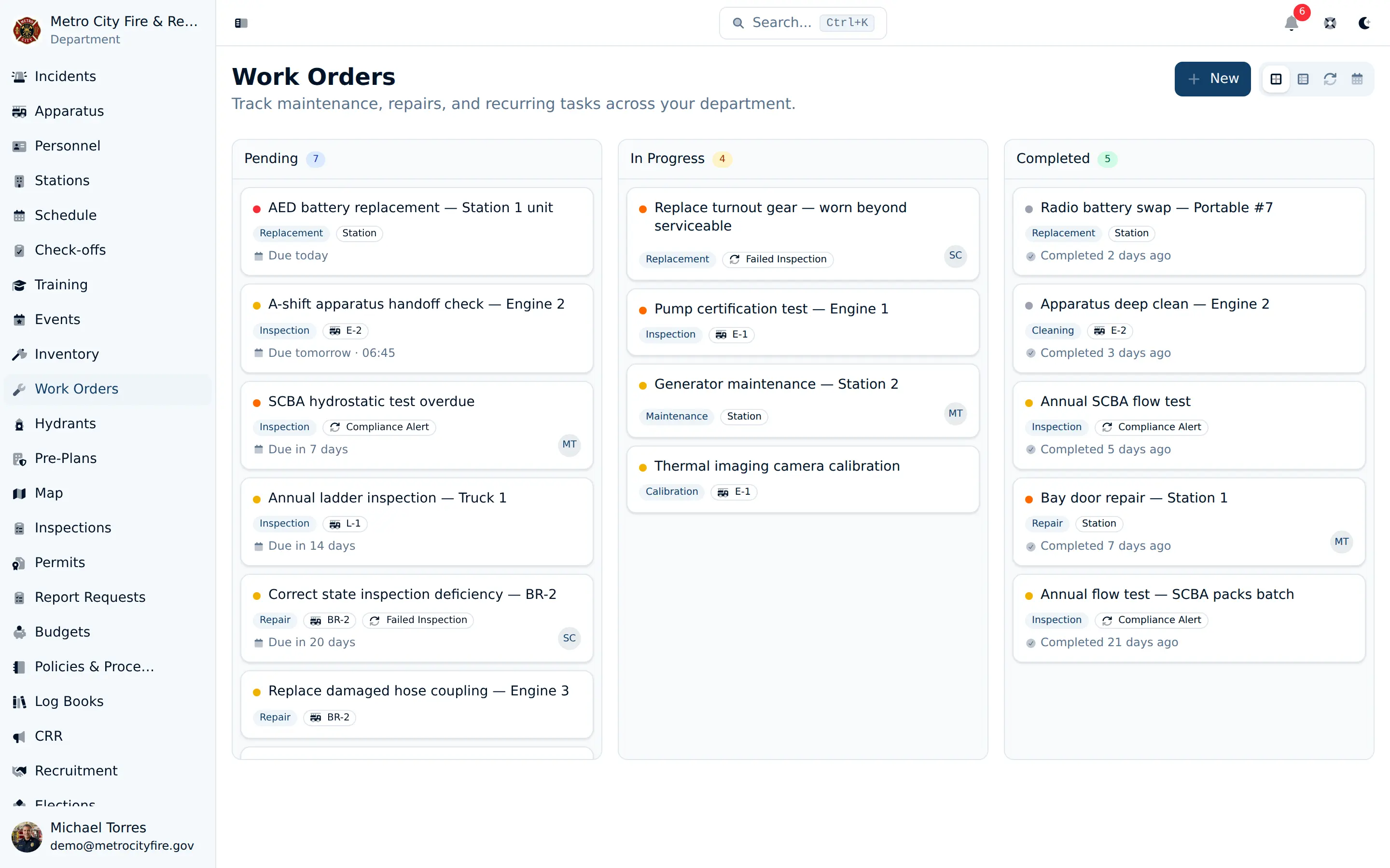 Work orders kanban board showing maintenance tasks organized by status with priority, category, and linked assets