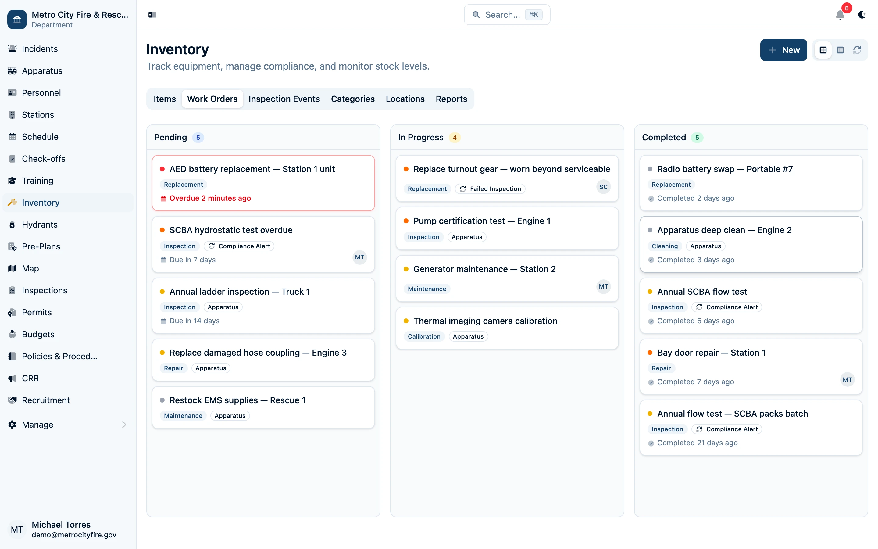 Work orders list showing maintenance tasks with status, priority, and assignee